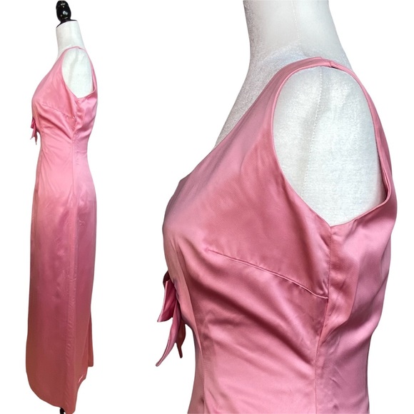 Vintage 1960’s Handsewn Homemade Pink Plunge Satin Sleeveless Midi Dress [Sz 12] - Picture 4 of 16
